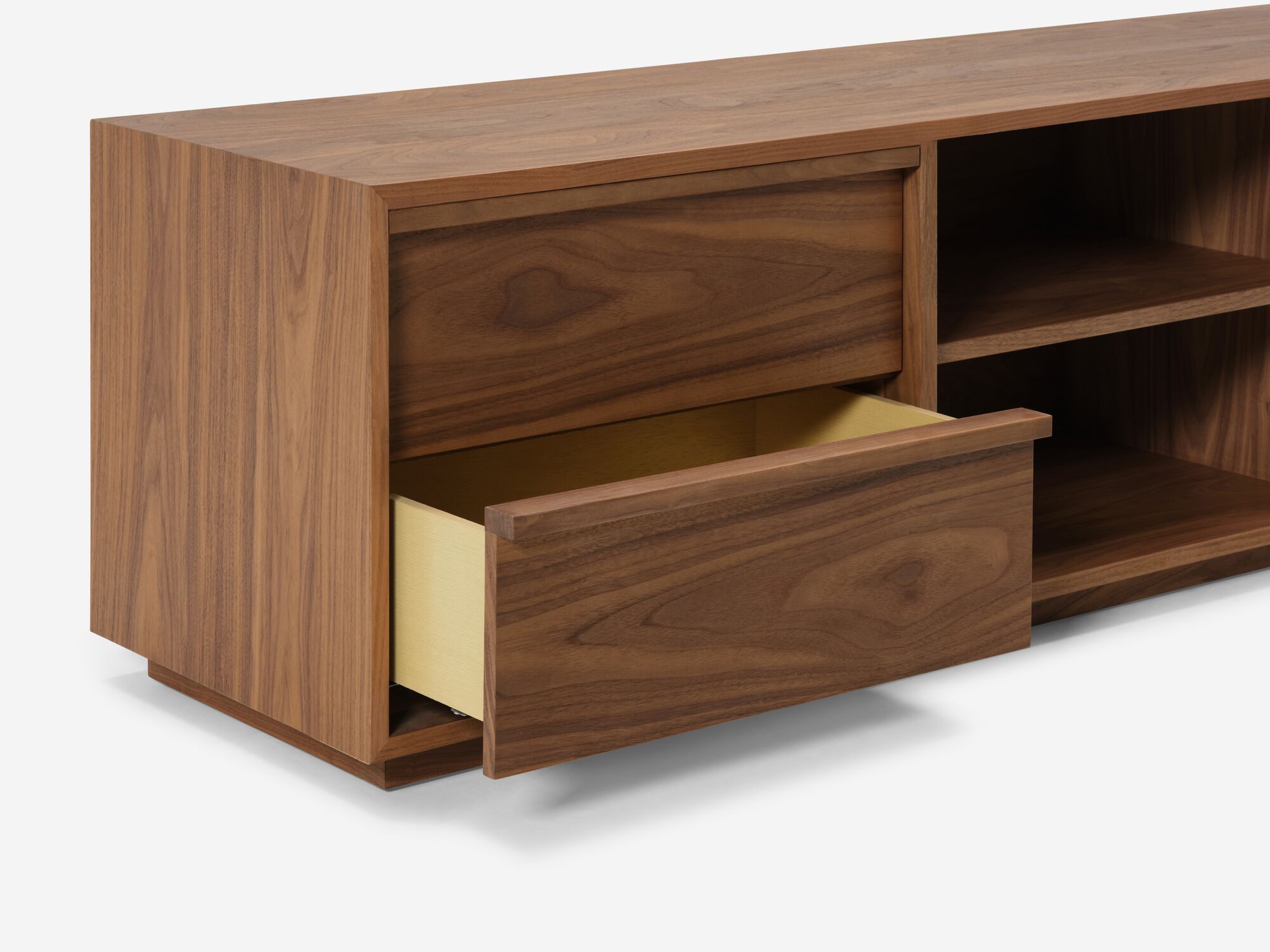 Modern walnut tv stand with bottom drawer open left detail view